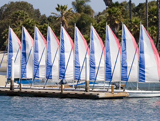 Sailboats ready to be rented from Action Sport Rental at the Bahia Resort hotel in Mission Bay