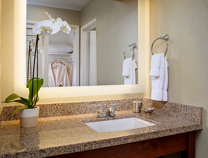 Bayfront View Suite bathroom at the Bahia Resort Hotel in Mission Beach, San Diego