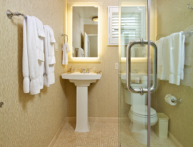 Bathroom in the Deluxe Bayfront Suite at the Bahia Resort Hotel in Mission Beach, San Diego