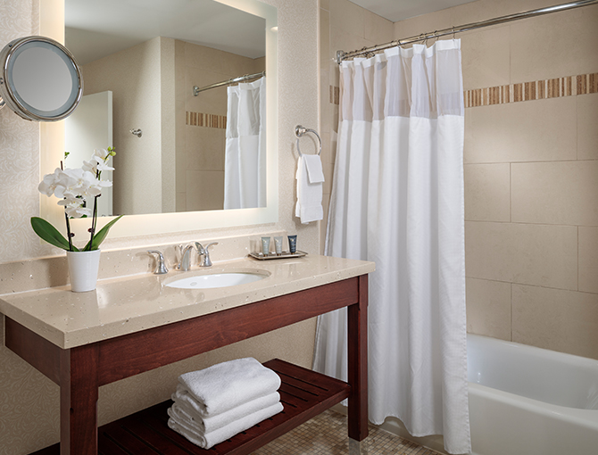 Bathroom sink, mirror and tub with shower