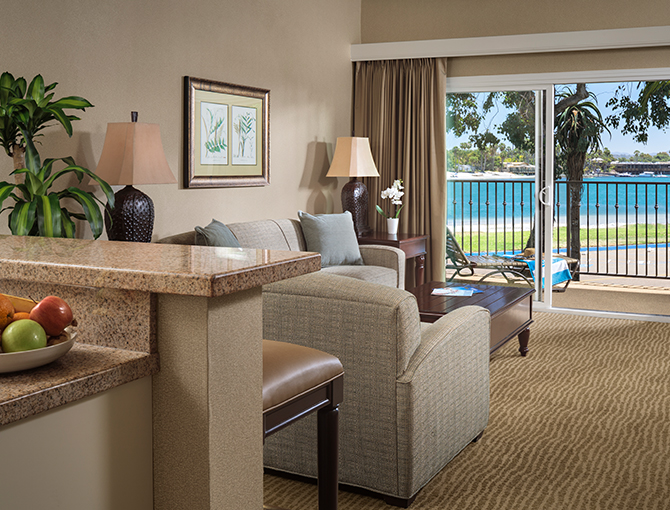 Bay View Suite living area overlooking Mission Bay at the Bahia Resort Hotel in Mission Beach, San Diego