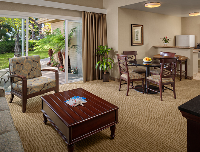 Deluxe Suite living room area overlooking Mission bay at the Bahia Resort Hotel in Mission Beach, San Diego
