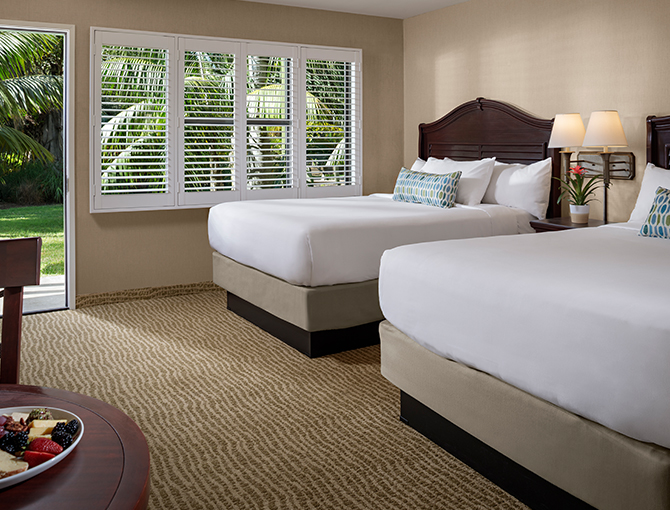 Courtside Garden View room with two queen beds at the Bahia Resort Hotel in Mission Beach, San Diego