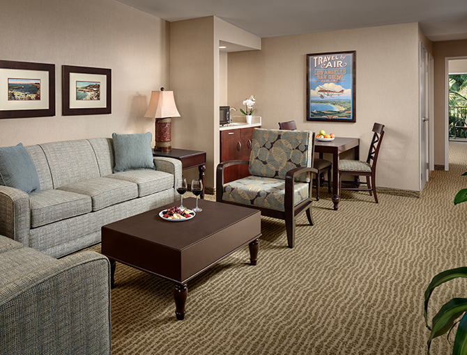 Spacious living area of a Garden Suite at the Bahia Resort Hotel in Mission Beach, San Diego