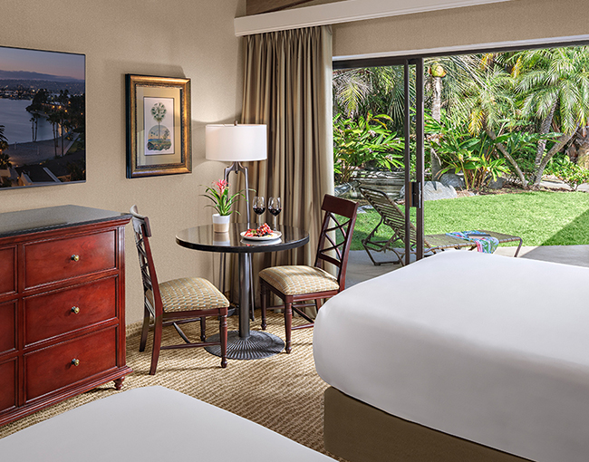Garden View room looking out into the lush greenery at the Bahia Resort Hotel in Mission Beach, San Diego