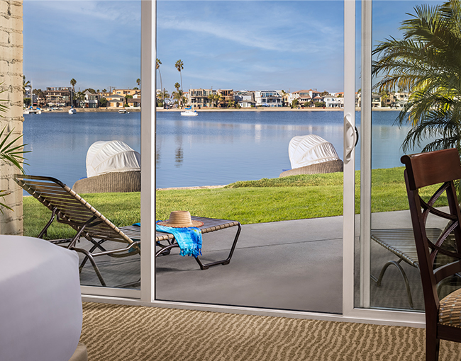 View of Mission Bay from inside a Bayfront Room at the Bahia Resort Hotel Mission Beach, in San Diego