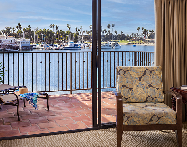 Bayfront View Suite balcony overlooking Mission Bay at the Bahia Resort Hotel in Mission Beach, San Diego