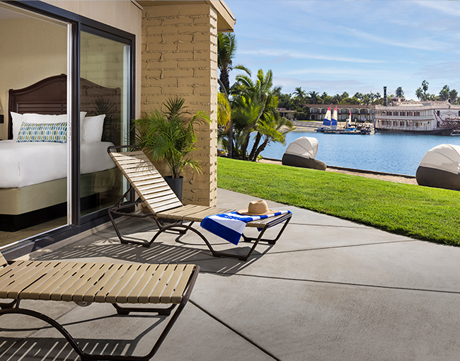 Patio outside of a Bayfront Room overlooking Mission Bay at the Bahia Resort Hotel in Mission Beach, San Diego