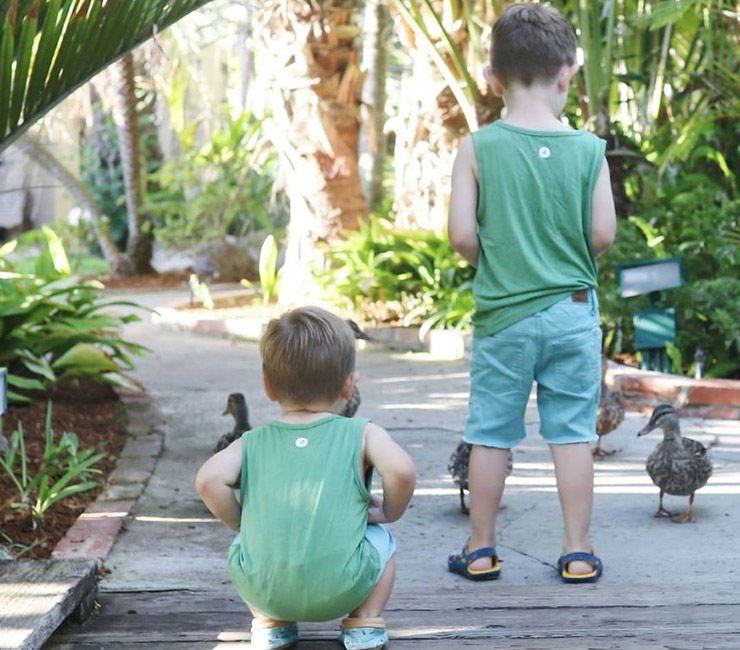 Boys feeding ducks in the lush gardens