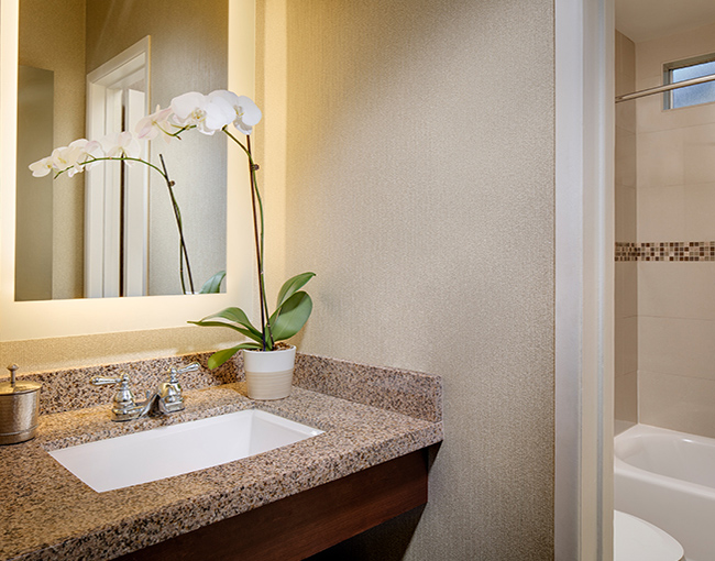 Split bathroom in a Bayfront Room at the Bahia Resort Hotel in Mission Beach, San Diego