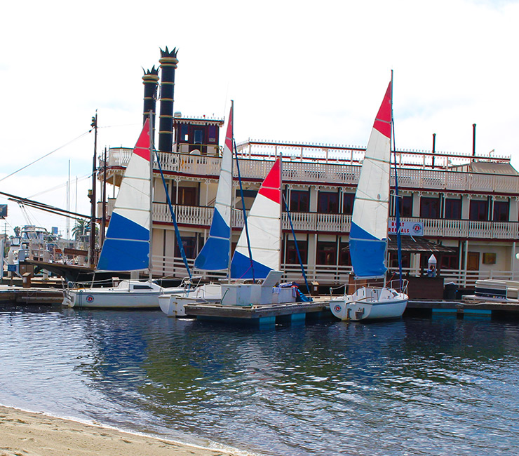 Sailboats ready to be rented from Action Sport Rental at the Bahia Resort hotel in Mission Bay