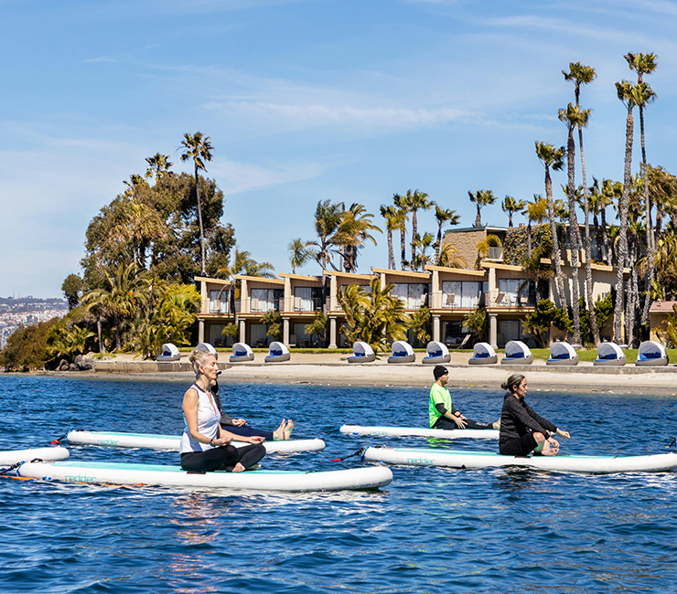 SUP yoga on Mission Bay with Yoga Your Way at the Bahia Resort Hotel