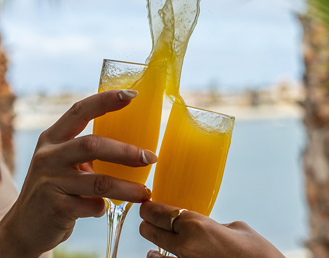 Toasting mimosa at Dockside 1953 Weekend Brunch by Mission Bay at the Bahia Resort Hotel in San Diego