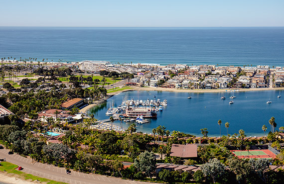 Aerial View of San Diego's Ultimate Beach Playground and save up to 30% off your springtime getaway at the Bahia Resort Hotel in Mission Bay.