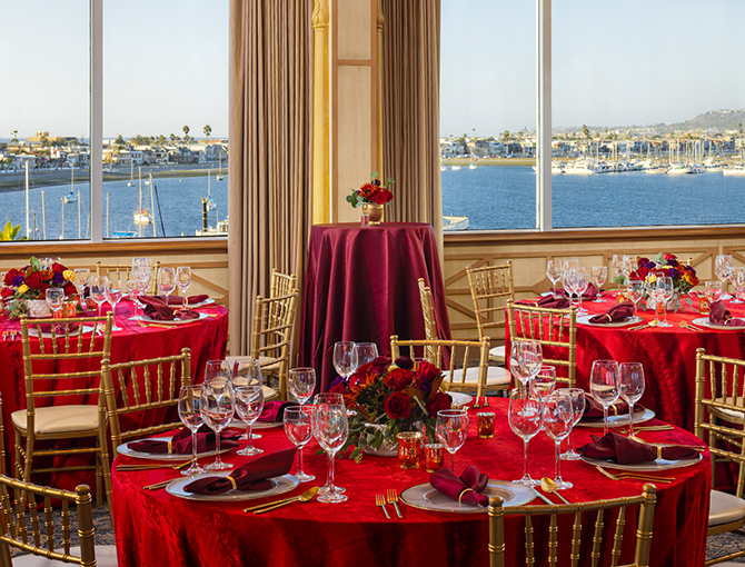 Red themed reception in the Mission Bay Ballroom at the Bahia Resort Hotel
