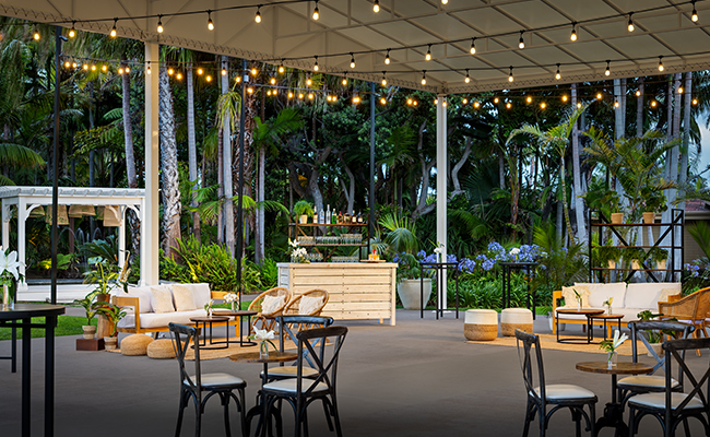 The newly updated Palm Terrace at dusk at the Bahia Resort Hotel on Mission Bay in San Diego.