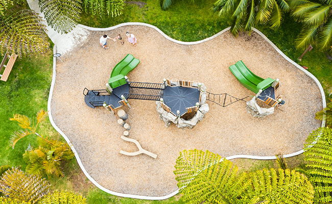 Aerial view of the the upgraded playground surrounded by tropical landscaping at the Bahia Resort Hotel on Mission Bay in San Diego.