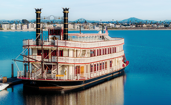 The WDE sternwheeler docked on Mission Bay