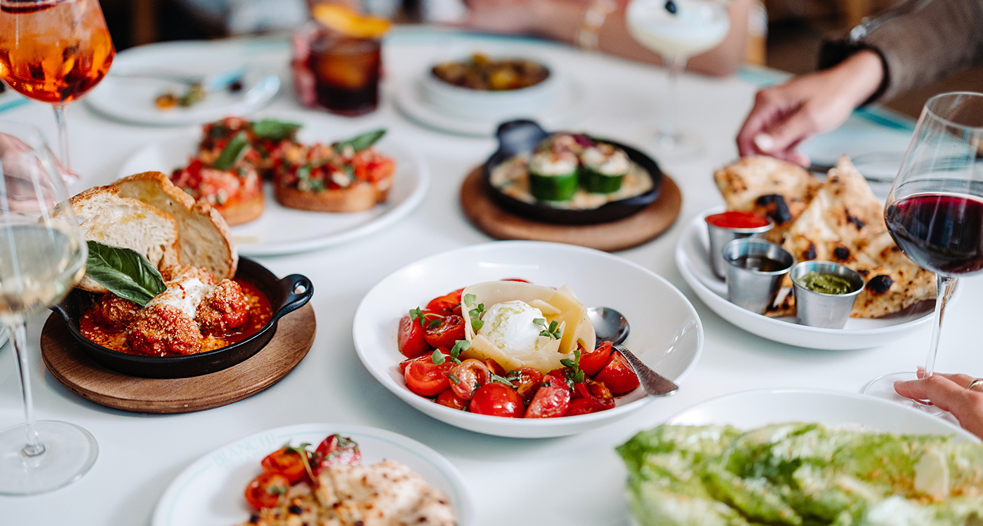 Table of appetizers offered at Bianchi Pizza & Pasta for San Diego Restaurant Week