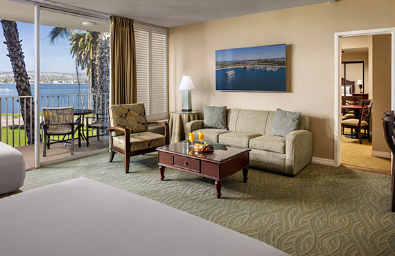 Overview of a Bay Family Suite overlooking the water at the Bahia Resort Hotel in San Diego
