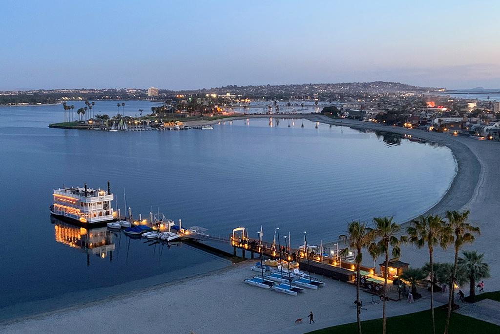 The Bahia Belle private event boat docked in Mission Bay at the Catamaran Resort Hotel in San Diego.