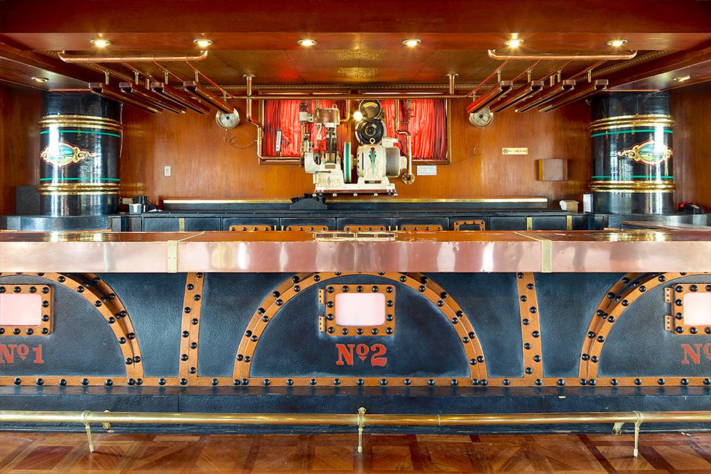 The bar on the William D Evans Sternwheeler, a private event boat in San Diego.